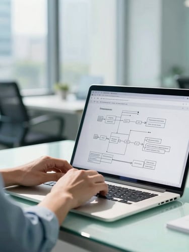 Medium-close shot of a professional reviewing system flowcharts on a sleek laptop in a sunlit Bangalore office, bright natural daylight, cool blue and mint green accents, shallow depth of field.