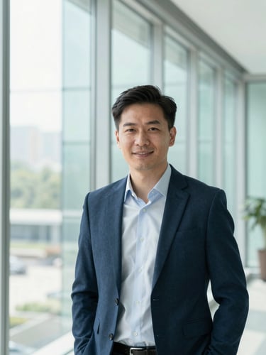 Modern editorial photography, bright natural office daylight, professional headshot of a business leader against a clean glass office wall, cool corporate blue and mint tones, 35mm.