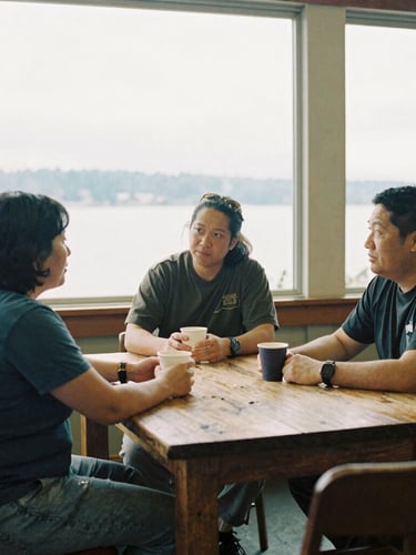 Warm documentary photography of three neighborhood leaders sitting around a rustic wooden table in a Seattle community center, natural soft overcast Pacific Northwest daylight, candid framing, 35mm film grain