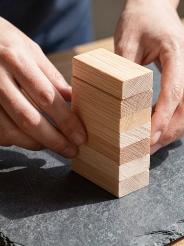 Candid close-up of hands stacking smooth, geometric wooden blocks on a dark slate table, casting sharp shadows in bright morning daylight, 35mm lens