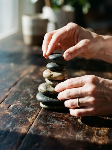 Candid close-up of adult hands stacking smooth river stones on a dark wooden table, crisp morning sunlight casting sharp geometric shadows, 35mm lens