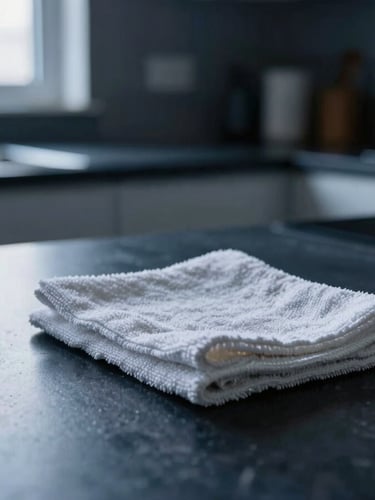 Neatly folded white cleaning cloth on a spotless countertop, representing professional cleaning stan