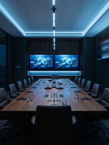 Sleek architectural photography of a high-end corporate boardroom with integrated dual LED screens, clean custom oak table, cool ambient blue lighting, sharp focus, 35mm