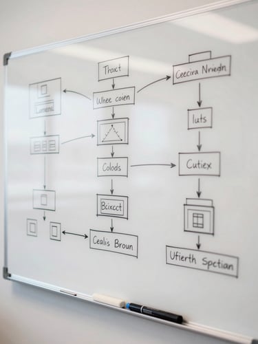 Close overhead shot of a whiteboard covered in hand-drawn system architecture diagrams and integration flow sketches, dry-erase markers resting at the bottom edge, flat diffused office light, no people visible