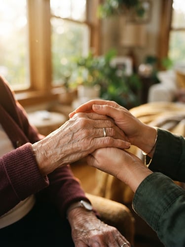 A close-up of a caregiver's warm hands gently holding an elder's hand in a sunlit Montverde living room, golden hour window light, shallow depth of field.