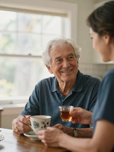 A warm environmental portrait of a smiling senior and a caregiver sharing tea in a sunlit Montverde kitchen, soft window light, shallow depth of field, 35mm