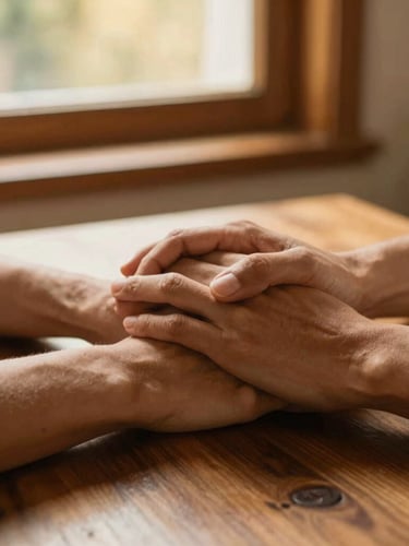 Close-up of two hands gently clasped together over a wooden table, warm golden-hour window light, soft focus, conveying safety and trust