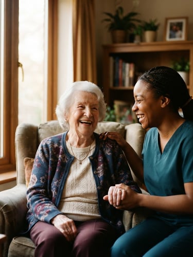 A warm, natural light portrait of an elderly woman laughing with a friendly caregiver, soft window light, shallow depth of field, authentic 35mm