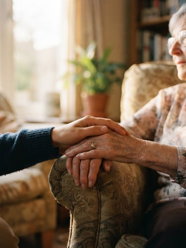 Warm editorial portrait of a caregiver's hand gently holding an older adult's hand in a sunlit room, soft golden window light, shallow depth of field, 35mm