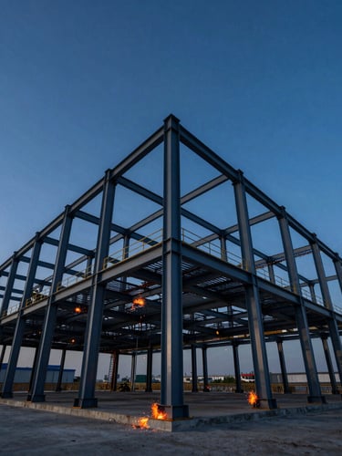 Low-angle dramatic photograph of a massive steel industrial warehouse frame under construction, deep blue sky, morning light highlighting clean structural joints.