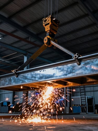 Wide environmental shot of a crane lifting a heavy steel rafter into place on an industrial shed frame, sparks from welding below, dramatic high-contrast lighting.