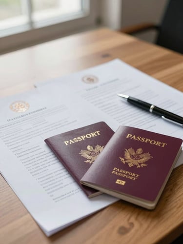 A close-up of organized official documents, passports, and a pen on a clean wooden desk under natural window light, focused and professional.