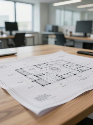 Close-up shot of technical architectural blueprints on a wooden desk in a bright, modern Stuttgart engineering office, natural overcast daylight, high precision.