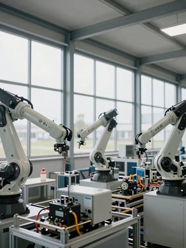 A wide environmental shot of a clean, modern industrial manufacturing facility in Germany, precise robotic arms and structured assembly line under natural overcast window light