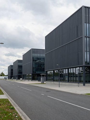 Wide environmental shot of a modern clean industrial park in Germany under overcast daylight, sharp architectural lines, negative space on the left.