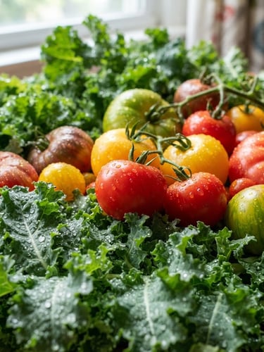 Macro close-up of dew-kissed crisp organic kale leaves and vibrant heirloom tomatoes, bright natural window light, high contrast, rich saturated green and red tones
