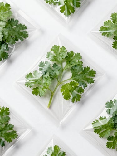 Overhead flat-lay of hygienically packaged live-root coriander in food-grade wrapping, bright clinical studio lighting, crisp white background, 50mm lens