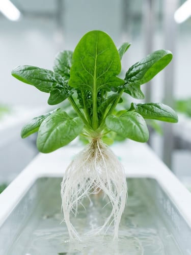 Macro photograph of vibrant green spinach leaves with clean, soil-free white roots intact, bright clean clinical greenhouse light, 50mm lens