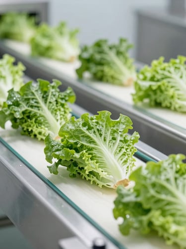 Hygienic food-grade packaging facility, automated conveyor belt with packaged leafy greens, pristine stainless steel surfaces, soft clinical lighting