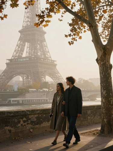 Cinematic portrait of a couple walking along the Seine in Paris, soft morning mist, golden hour light filtering through autumn trees, vintage film grain, warm tones.