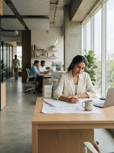 A bright, modern architectural office space in India with clean lines, soft natural daylight filtering through large windows, minimalist design, shallow depth of field, high-end editorial corporate photography.