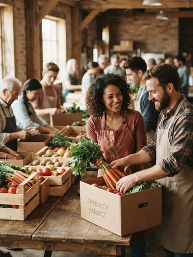 Warm editorial photography of community members packing fresh produce boxes together in a sun-drenched local hall, soft morning light, shallow depth of field, 35mm film look