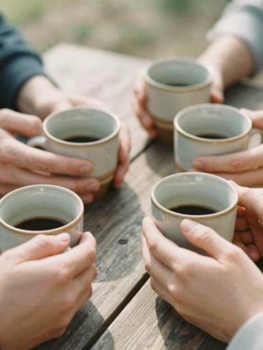 Candid close-up of hands holding warm ceramic coffee mugs around an outdoor wooden table, soft morning sunlight, natural earthy tones, 35mm film look
