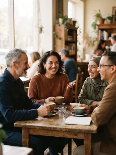 Candid medium shot of community members talking over coffee in a sunlit room, warm earthy tones, soft morning light, shallow depth of field