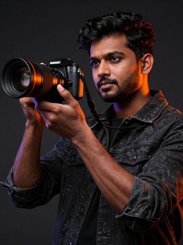 Low-angle heroic shot of a stylish Indian creator holding a camera with dynamic orange rim-lighting, dark studio background, sharp 35mm lens
