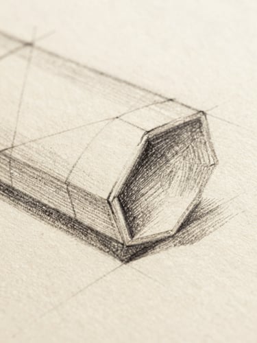 Macro close-up of a detailed pencil sketch on cream paper, showing graphite lines, shading, and rough layout guides, warm studio light