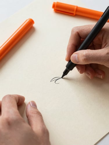 Overhead shot of a designer's hands sketching with a black fine-liner on heavily textured cream paper, vibrant orange markers nearby, soft natural studio light