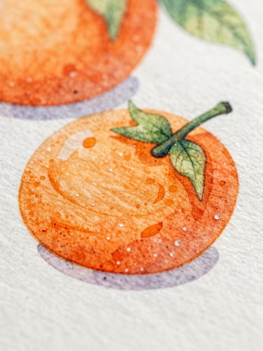 Macro close-up of the final watercolor and alcohol marker illustration, vibrant orange and soft pastel tones, rich paper tooth texture, sharp vector overlay details