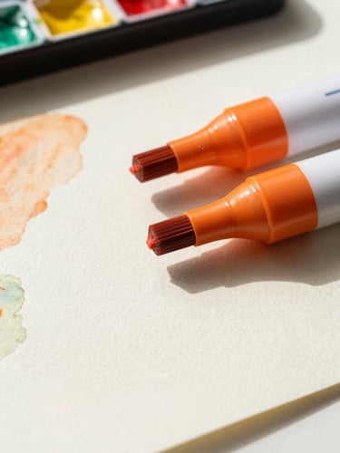A portrait of a sunlit artist workspace, featuring vibrant orange marker tips resting on heavily textured cream paper, watercolor washes in the background, soft natural studio light, 50mm lens