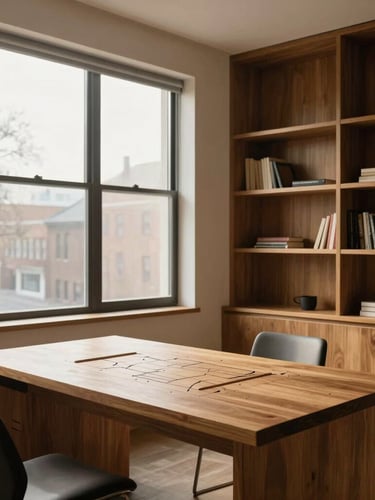 Quiet, unpeopled interior study of a modern Montrose townhome, warm wood shelving, soft morning light filtering through high windows, architectural floor plans resting on a desk.