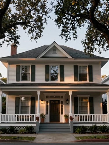 Straight-on architectural elevation of a historic Heights bungalow with deep front porch shaded by mature live oak trees, soft morning light