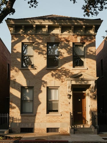 Straight-on architectural elevation of a historic Houston Heights bungalow facade, soft live-oak shadows dancing on warm brick, diffused late afternoon golden hour light.