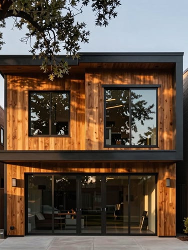 Straight-on architectural elevation of a modern Montrose townhome, warm cedar cladding paired with dark steel framing, soft late afternoon golden hour light reflecting off large glass panes, live oak branch framing the top left.