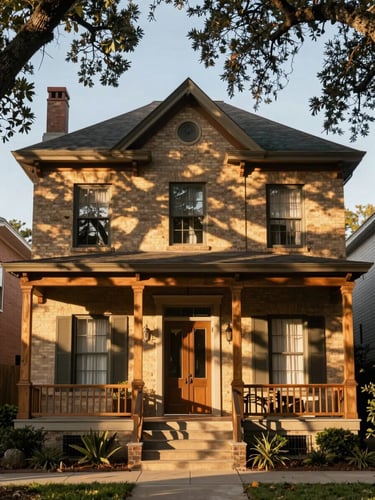 Straight-on architectural elevation of a historic Houston Heights home, live oak shadows, soft golden hour light, warm wood and brick textures.
