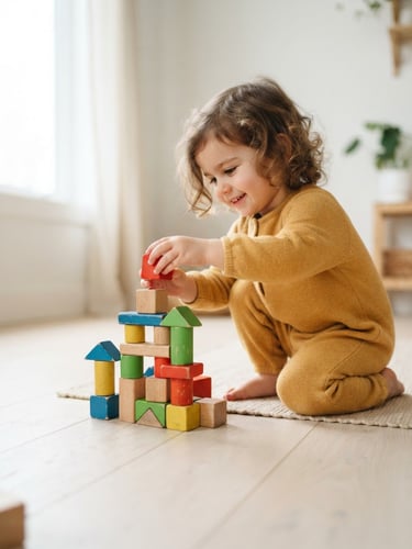 Bright editorial photograph of a child playing with wooden blocks on a clean off-white floor, soft natural daylight, shallow depth of field
