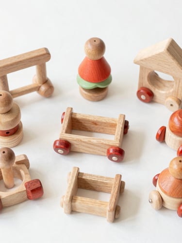 Overhead flatlay of beautifully arranged wooden toy sets showing natural wood grain and linen textures, soft natural daylight, clean minimalist background