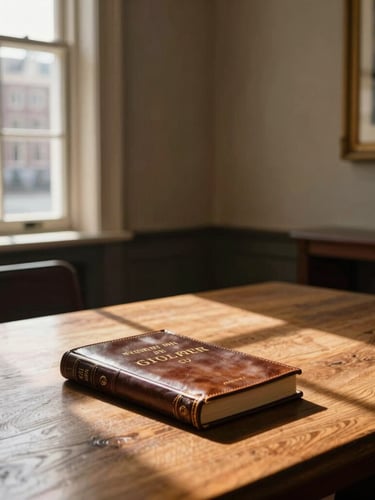 A high-ceilinged consultation room in a classic Amsterdam canal house, natural directional window light casting deep soft shadows on a heavy oak table with leather-bound Dutch civil codes.