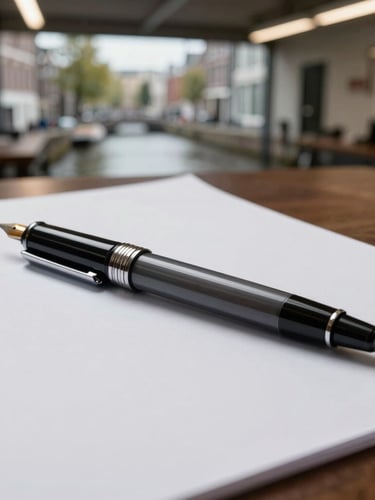 A heavy fountain pen resting on a pristine sheet of thick cotton paper inside a quiet, high-ceilinged office overlooking an Amsterdam canal.