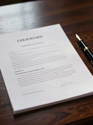 A vertical portrait-oriented close-up of a heavy cotton legal document resting on a dark mahogany desk, a classic fountain pen beside it, captured in soft, directional window light with deep shadows.