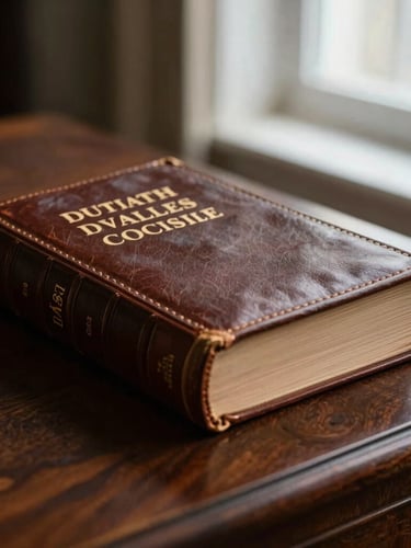 Close-up of a classic leather-bound Dutch civil code book resting on a dark mahogany desk, illuminated by soft, natural side window light.