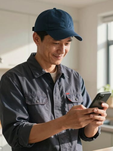 Medium shot of a relieved gig worker in a bright, sunlit kitchen looking at a phone screen with a soft smile, natural daylight, warm environment.