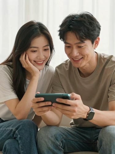 Medium shot, warm natural morning light, a young couple sitting on a bright sofa looking at a smartphone screen with relieved, happy expressions.