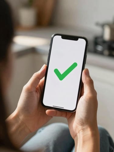 A close-up shot of a person sitting in a sunlit kitchen, holding a smartphone with a clean green checkmark on the screen, reflecting a sense of relief.