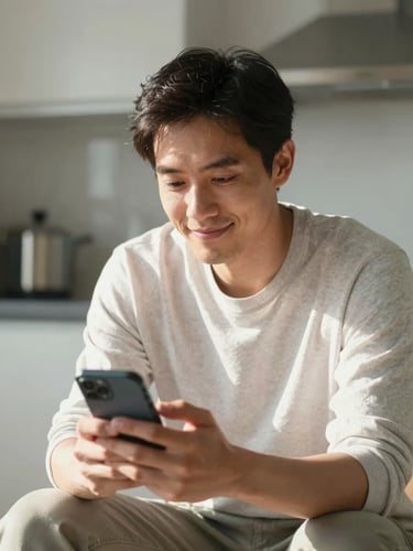 A medium shot of a relieved man in his thirties sitting in a sunlit kitchen, holding a smartphone with a soft smile, bright natural daylight.