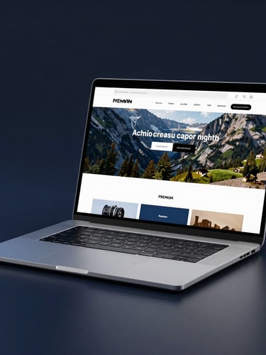 Premium laptop displaying a high-fidelity website mockup in a clean, minimalist dark studio setting with crisp blue light.