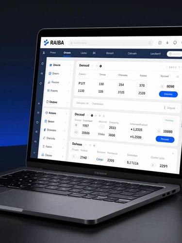 A high-fidelity mockup of a speed-optimized business dashboard displayed on a premium matte black laptop, crisp high-contrast studio lighting, dark background with electric blue accents.
